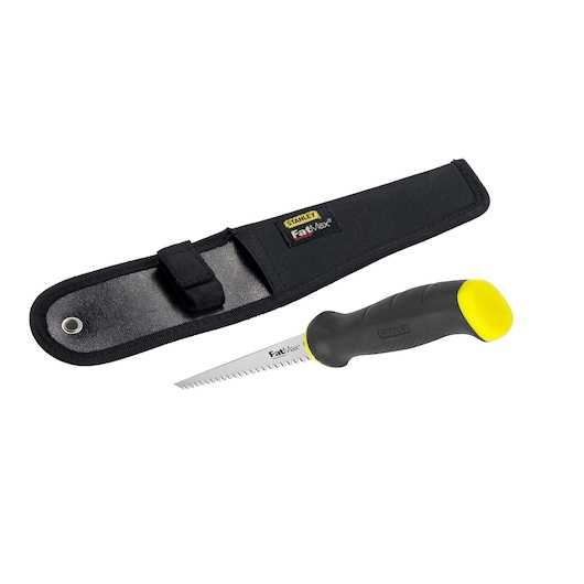STANLEY 2-20-556 handzaag met zwart-gele handgreep en zwarte beschermhoes, zijaanzicht van het product.