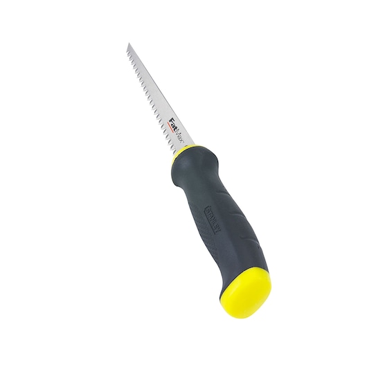 Foto van STANLEY 2-20-556 handzaag met zwart-geel ergonomisch handvat, schuin op witte achtergrond.