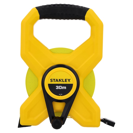 STANLEY 2-34-792 geel-zwarte 30m open rolmaat, vooraanzicht op witte achtergrond.