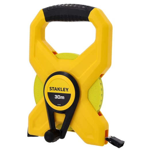 STANLEY 2-34-792 open frame meetlint, 30m, geel en zwart, schuine vooraanzicht op witte achtergrond.