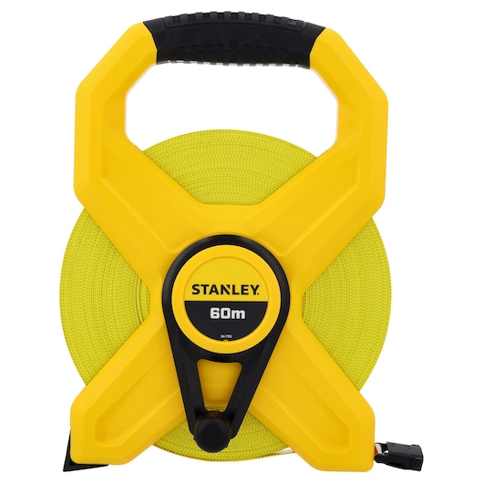 STANLEY 2-34-795 meetlint, 60m, geel en zwart, vooraanzicht op witte achtergrond, handhaspel ontwerp.