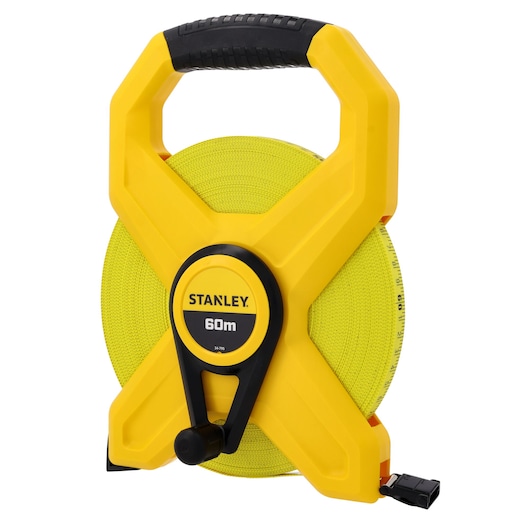 STANLEY 2-34-795 60m gele open haspel rolmaat, ergonomisch handvat, witte achtergrond, productfotografie.