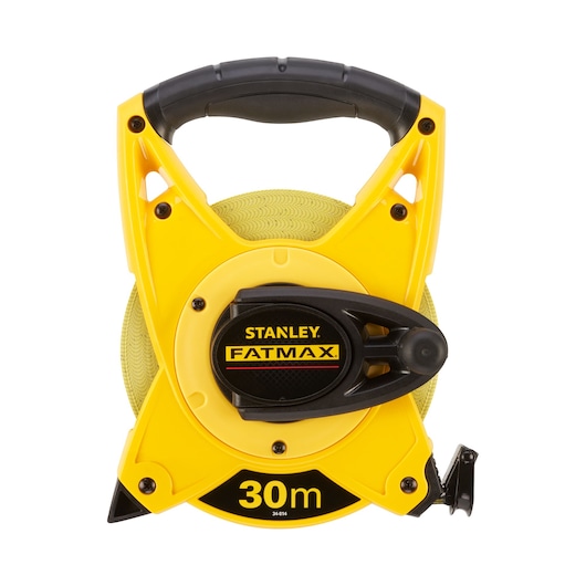 Stanley 2-34-814 FatMax 30m meetlint, geel en zwart, vooraanzicht, productfotografie.