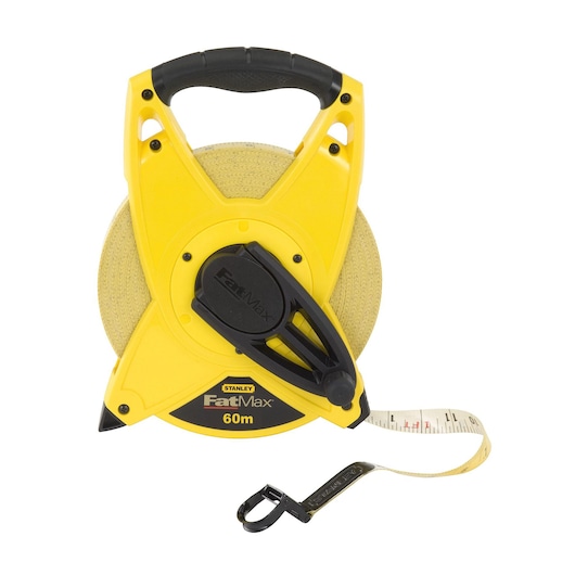 STANLEY 2-34-824 FatMax 60m gele open rolmaat, frontaal, zwarte hendel en slinger.