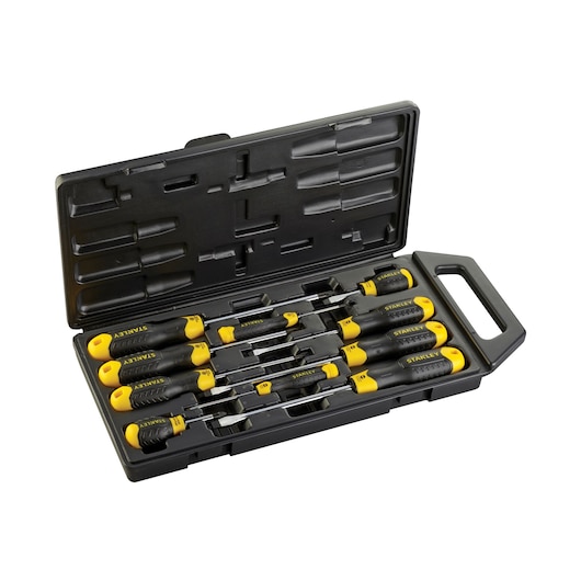STANLEY 2-65-014 coffret de tournevis dans une mallette noire, poignées jaunes et noires, vue de dessus sur fond blanc.