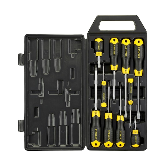 STANLEY 2-65-014 coffret de tournevis noir, vue du dessus, avec huit tournevis à manche noir et jaune.