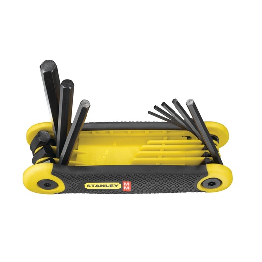 STANLEY 2-69-264 jeu de clés hexagonales avec support pliable jaune et noir, plusieurs clés déployées, vue latérale.