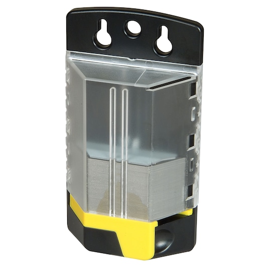 STANLEY 4-11-700 mesjesdispenser met transparante behuizing, zwarte en gele accenten, vooraanzicht.
