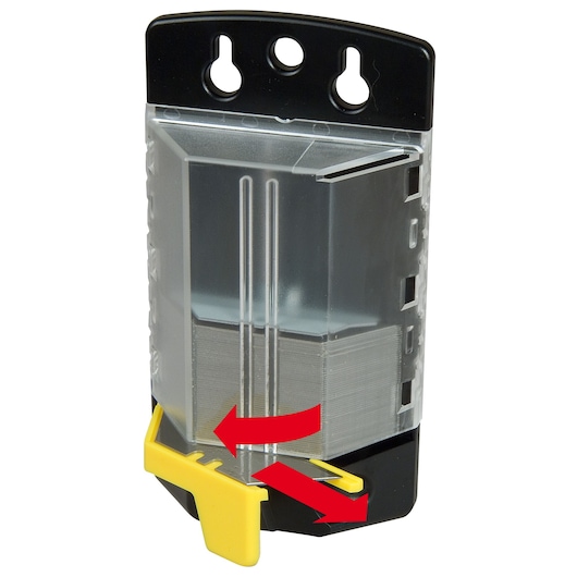 STANLEY 4-11-700 mesjesdispenser, transparante behuizing met gele schuif, vooraanzicht, rode pijlen geven mesrichting aan.