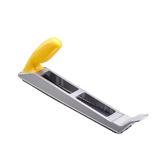 STANLEY 5-21-122 surform schaaf met metalen body en geel handvat, schuine zijaanzicht op witte achtergrond.