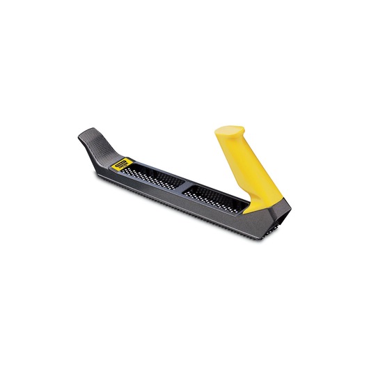 STANLEY 5-21-296 surform schaaf met gele handgreep, schuine weergave op witte achtergrond.