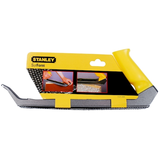 STANLEY 5-21-296 SurForm gereedschap met gele handgreep, zijaanzicht op witte achtergrond.