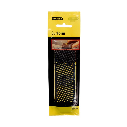 STANLEY 5-21-398 lame SurForm dans emballage, photographie produit, angle avant, design jaune et noir.