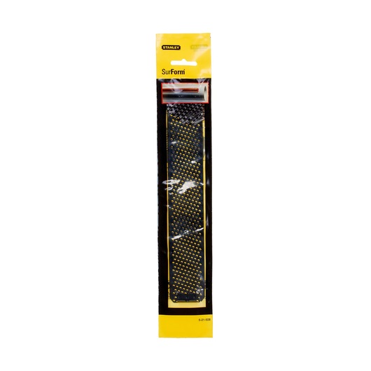 STANLEY 5-21-508 lame SurForm, noir et jaune, rectangulaire, angle avant, photo d’emballage.