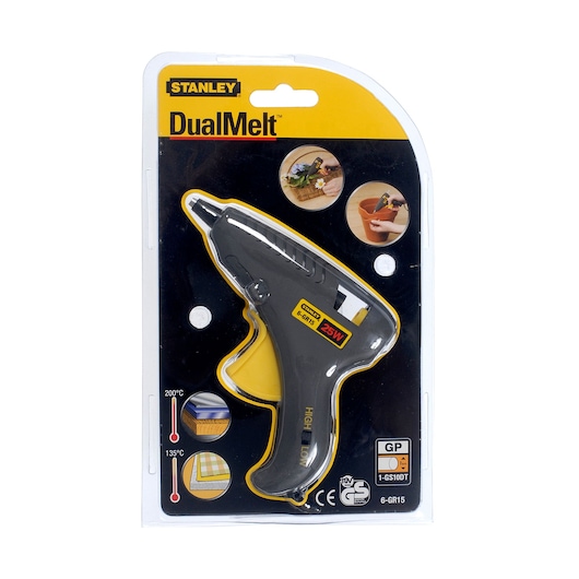 STANLEY 6-GR15 DualMelt lijmpistool, zwart, 25W, in winkelverpakking, gefotografeerd van voren.