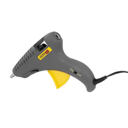 STANLEY 6-GR25 pistolet à colle gris et jaune, vue latérale, câble et interrupteur de température visibles.