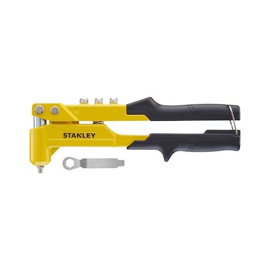 STANLEY 6-MR100 pince à riveter manuelle jaune et noire avec clé incluse, vue latérale sur fond blanc.