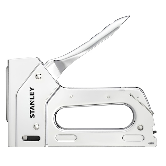 STANLEY 6-TR110 zwaar uitgevoerde nietpistool, zilverkleurig metaal, zijaanzicht, witte achtergrond.