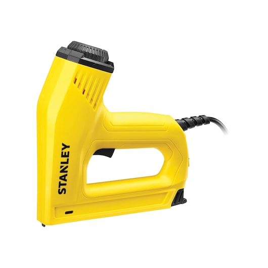 Photo de l’agrafeuse électrique jaune STANLEY 6-TRE550, vue de côté, bouton noir et cordon.