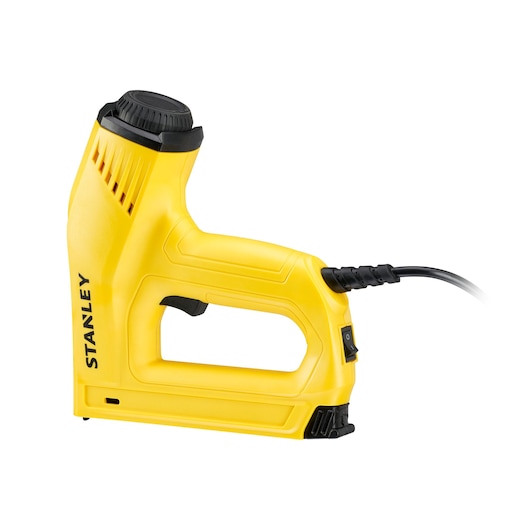 Photo de l'agrafeuse électrique jaune STANLEY 6-TRE550, vue latérale sur fond blanc.