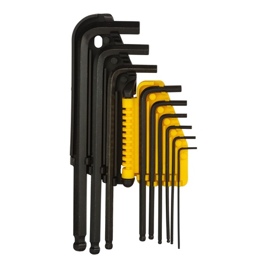 STANLEY 69-256-KR inbussleutelset met gele houder, zwarte L-vormige tools, vooraanzicht.