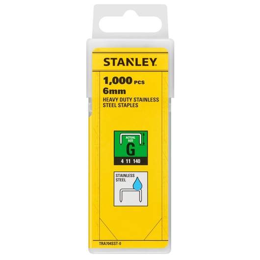 STANLEY TRA704SST-0 boîte de 1000 agrafes en acier inoxydable 6mm usage intensif, vue avant sur fond blanc.