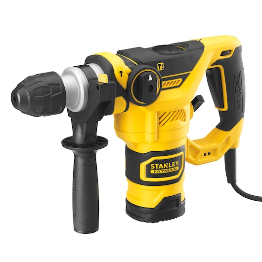 STANLEY FME1250KA boorhamer, geel en zwart, voorkant op witte achtergrond.