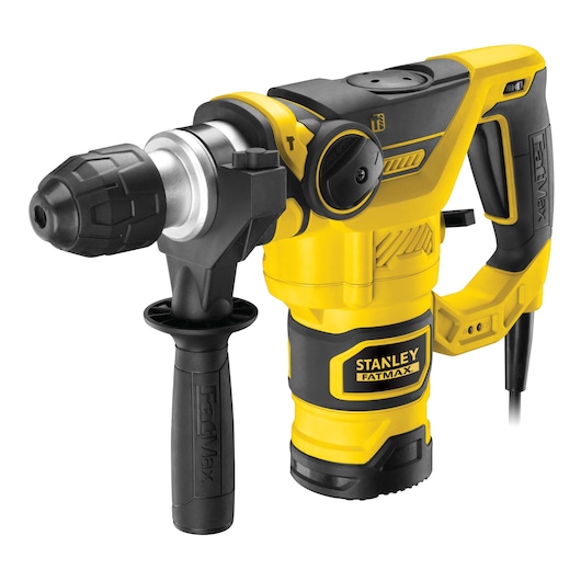 STANLEY FME1250K gele en zwarte roterende hamer, vooraanzicht op witte achtergrond.