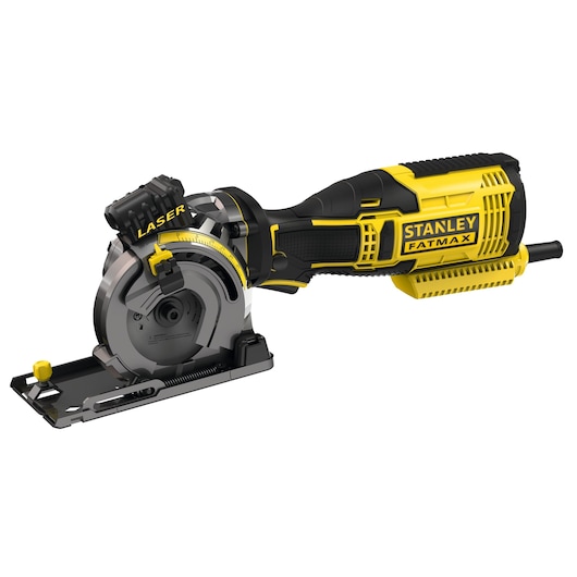 Scie circulaire compacte STANLEY FME380K avec guide laser, boîtier noir et jaune, vue latérale du produit.