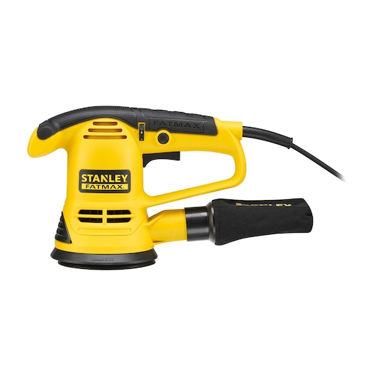 Stanley FME440K ponceuse orbitale filaire jaune, vue latérale sur fond blanc.