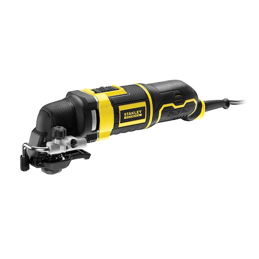 STANLEY FME650K oscillerend multitool, zwart-geel, rechter zijaanzicht op witte achtergrond.