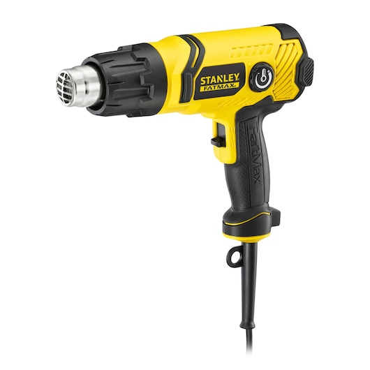 STANLEY FME670K pistolet à air chaud, jaune et noir, angle latéral, poignée ergonomique et cordon visibles, photographie.