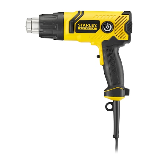 STANLEY FME670K pistolet à air chaud jaune et noir, vue latérale droite, poignée ergonomique, photographie sur fond blanc.