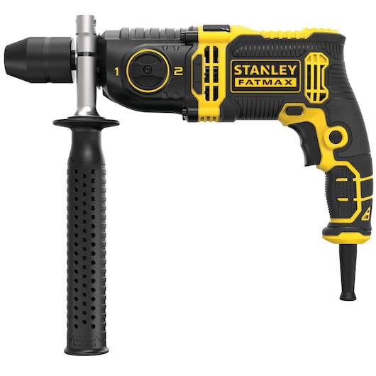STANLEY FMEH1100K bedrade klopboormachine, zwart en geel, zijaanzicht, met hulphandvat.