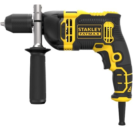 STANLEY FMEH750K snoerhamerboormachine, geel en zwart, zijaanzicht, met extra handgreep.