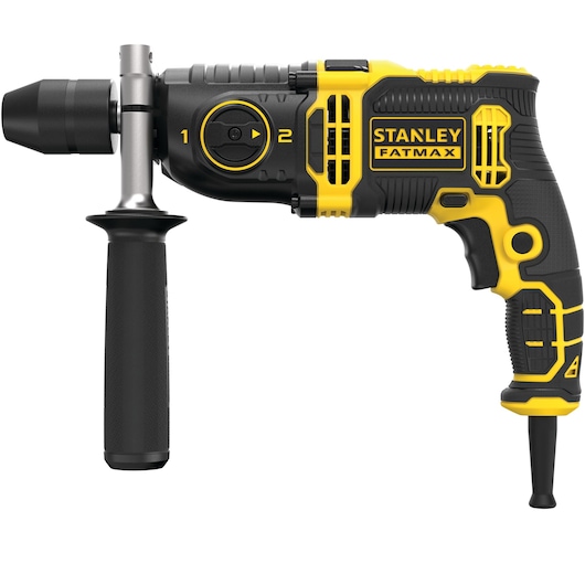 Foto van STANLEY FMEH850K hamerboormachine, zwart en geel, met zijhandgreep, linkerzijde.