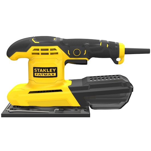 STANLEY FMEW214K rechthoekige gele en zwarte schuurmachine, zijaanzicht, met stofbox en ergonomische handgreep.