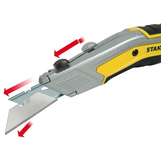 Couteau utilitaire STANLEY FMHT0-10288 avec lame rétractable, manche jaune et noir, vue latérale.