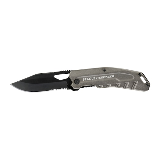 STANLEY FMHT0-10312 couteau pliant, poignée grise, lame noire, vue latérale du produit, photographie.
