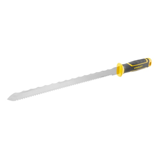 STANLEY FMHT0-10327 scie manuelle longue dentelée avec poignée noire et jaune, vue latérale, sur fond blanc.