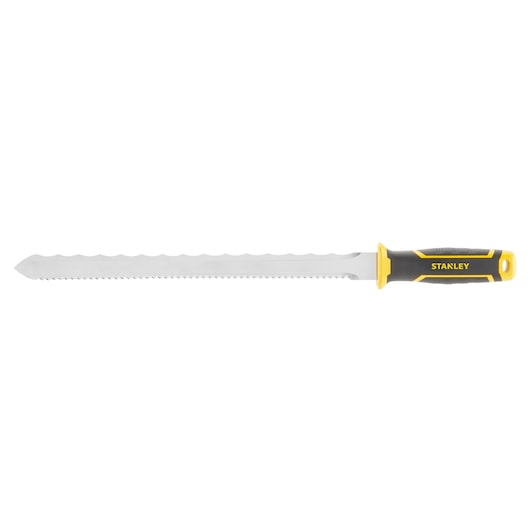 Scie manuelle STANLEY FMHT0-10327 avec lame dentelée en acier inoxydable et poignée noire et jaune, vue latérale.
