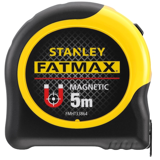 STANLEY FMHT0-33864 FATMAX 5m magnetische rolmaat, zwart en geel, vooraanzicht, fotografie.