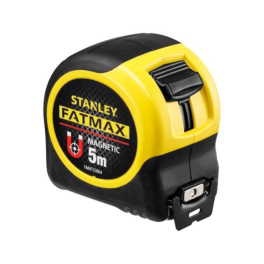 STANLEY FMHT0-33864 FATMAX magnetische 5m rolmaat, geel en zwart, foto van voorhoek.