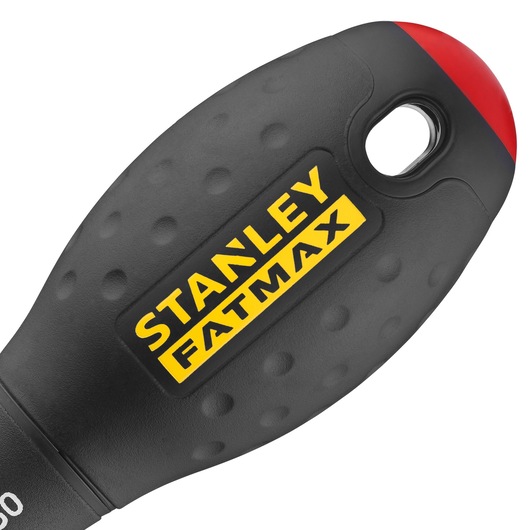 STANLEY FATMAX FMHT0-62619 schroevendraaier handvat, zwarte textuur, geel logo, rode accenten, close-up.