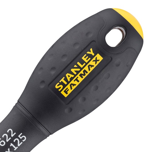 STANLEY FMHT0-62622 poignée de tournevis noir avec accent jaune, gros plan sur fond blanc.