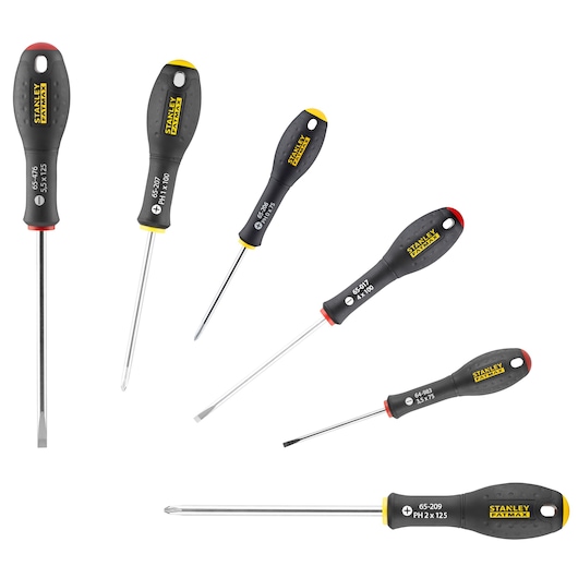 STANLEY FMHT0-62626 coffret de six tournevis assortis, poignées noires et jaunes, vue de dessus sur fond blanc.