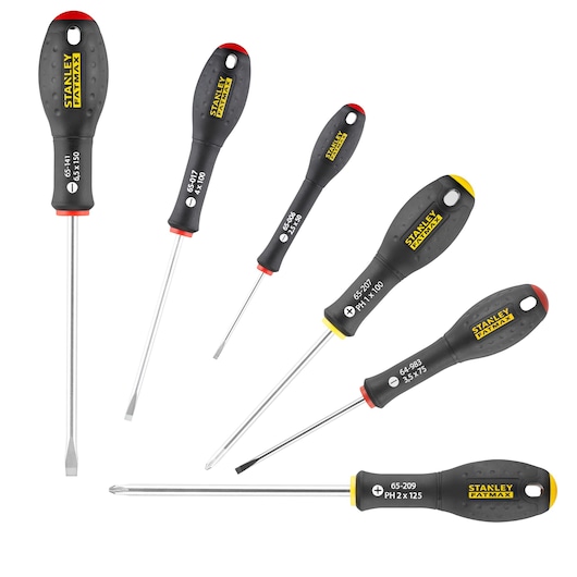 STANLEY FATMAX FMHT0-62627 lot de tournevis, six pièces avec poignées ergonomiques noires, photographie sur fond blanc.