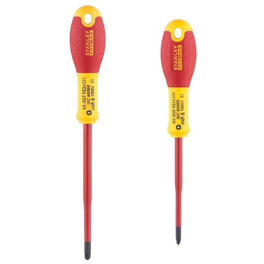 STANLEY FMHT0-62649 geïsoleerde schroevendraaierset, twee rood-gele handgrepen, vooraanzicht op wit.