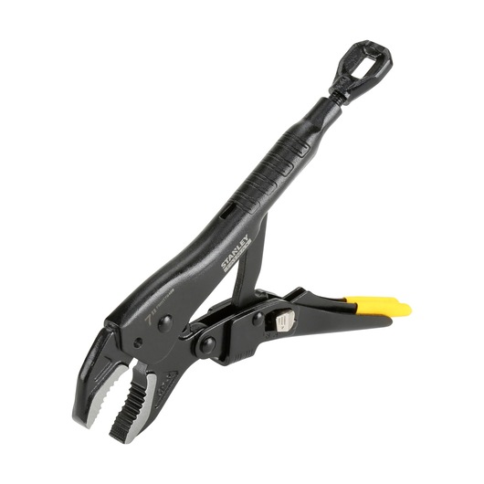 STANLEY FMHT0-75409 vergrendel tang, zwart met gele accenten, zijaanzicht op witte achtergrond.