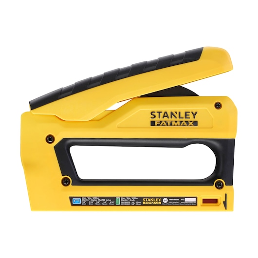 STANLEY FMHT0-80551 zware nietmachine geel en zwart, zijaanzicht op witte achtergrond.